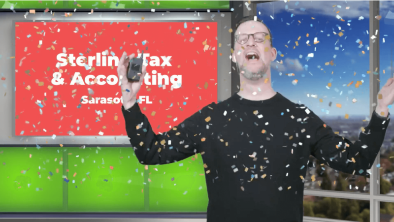 man celebrating with confetti falling from the sky