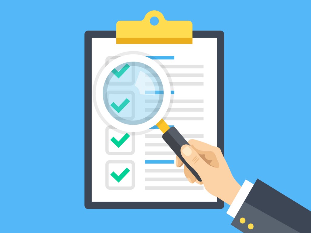 Graphic that shows a checklist of nondescript items with a magnifying glass.