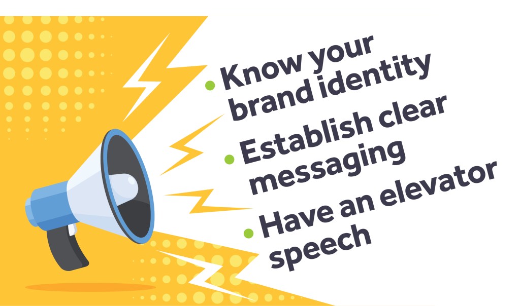 A blue and white megaphone sits in front of an orange background. Three sound bubbles extend from the megaphone, listing the three ways firms can clearly communicate their messaging.