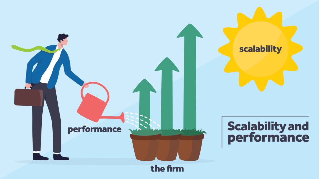 Accountant investing in the performance of the firm, represented by them watering a plant with a watering can, in order to scale up, which is represented by the rising sun helping the firm grow.