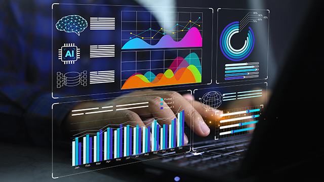 An image of multiple colorful graphs on a transparent electronic background. 